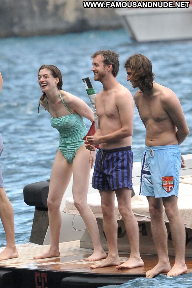 Anne Hathaway Yacht Swimsuit See Through Brunette Famous Hot